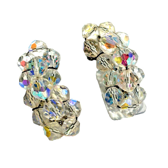 Vintage Jewelry - Vintage Mid Century Clear Crystal Clip On Earrings Silvertone Crescents Glam